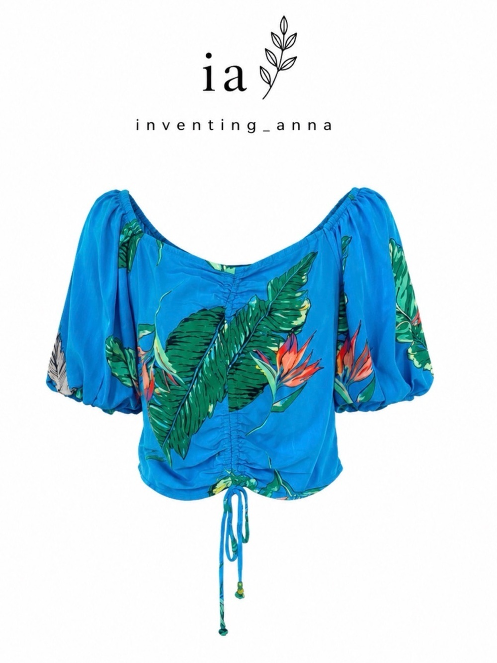 Cropped Tropical Print Vibrant Multicolor Short Sleeved Puffed Top